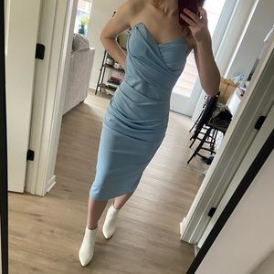 Formal baby blue midi dress with a strapless sweetheart neckline